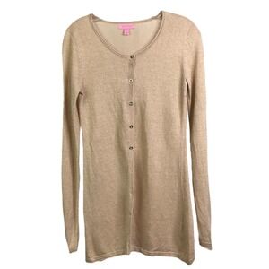 Lilly Pulitzer Women's Long Cardigan Sweater Metallic‎ Beige Button-Up Linen XS